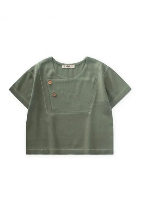 Contrast Stitched Linen Blouse for 2-7 Years Old Khaki Green