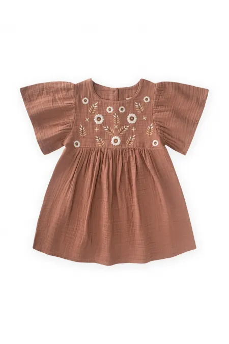 Robe à manches papillon brodée de fleurs, 2-8 ans, marron clair