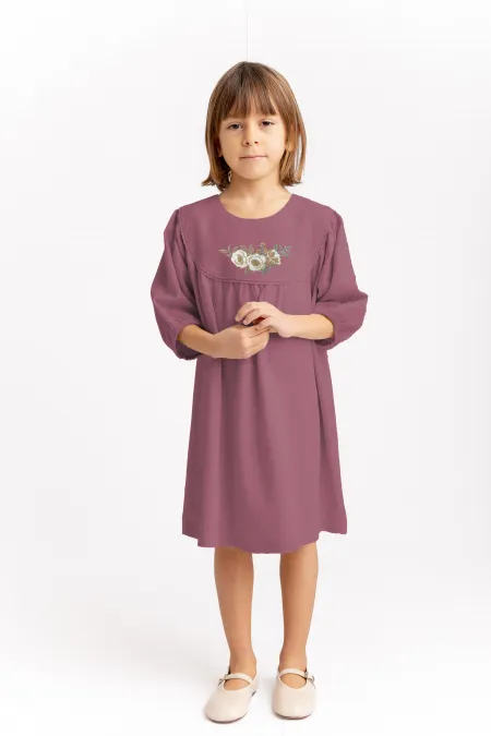 Robe en lin brodée à ourlet effiloché, 2-7 ans, prune
