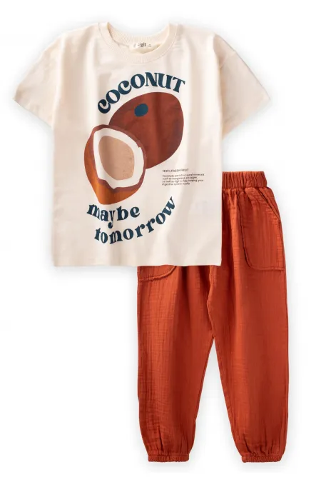 Ensemble pantalon bio et t-shirt imprimé noix de coco, 3-10 ans, écru
