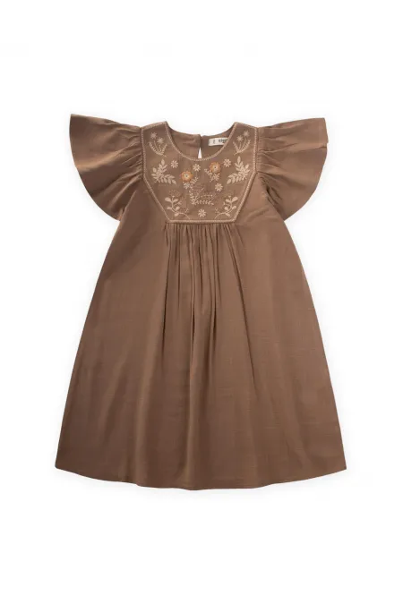Robe en lin brodé pour enfants de 2 à 7 ans, couleur caramel
