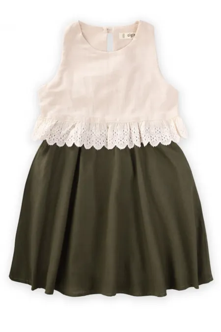 İki Renkli Beli Dantelli Elbise 2-7 Yaş Ekru