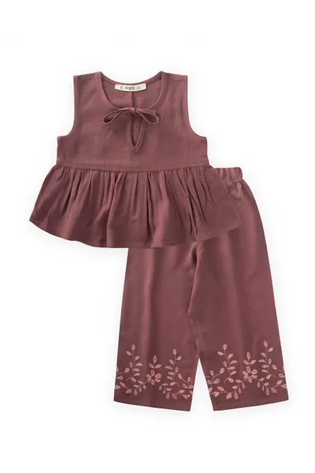 Linen Suit with Embroidered Legs, 2-7 Years Old, Plum