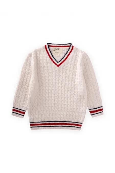 Pull col V en maille écru, 2-9 ans