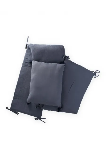 Ensemble de coussins de protection pour lit bébé en mousseline (lavés) 32 x 180 cm +/- 2 cm anthracite