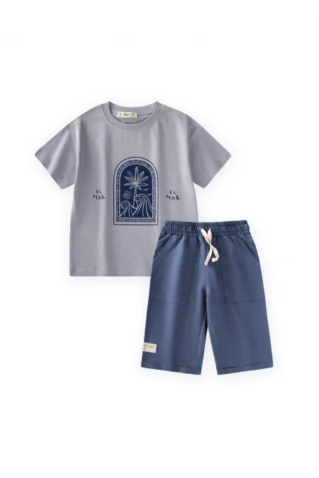 Soyut Palmiye Baskılı Kapri Takım 2-8 Yaş Pastel Mavi