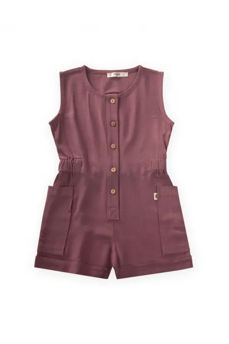 Yanları Cepli Kısa Boy Keten Tulum 2-7 Yaş Mürdüm