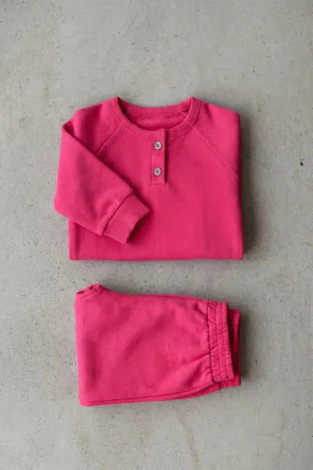 Raglan Sleeve Placket Boys Basic Suit 1-5 Years Fuchsia