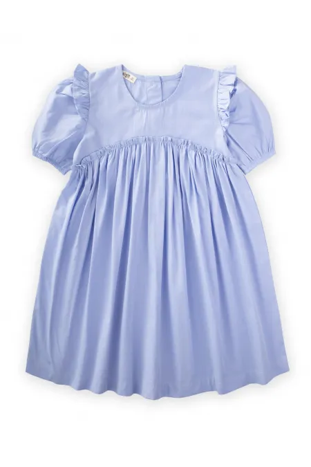Robadan Fırfır Büzgülü Poplin Elbise 2-7 Yaş Mavi