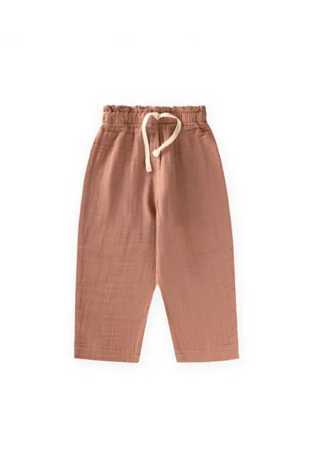 Organic Wide-Fit Muslin Trousers with Ruffled Waistband, Ages 1-8, Light Brown