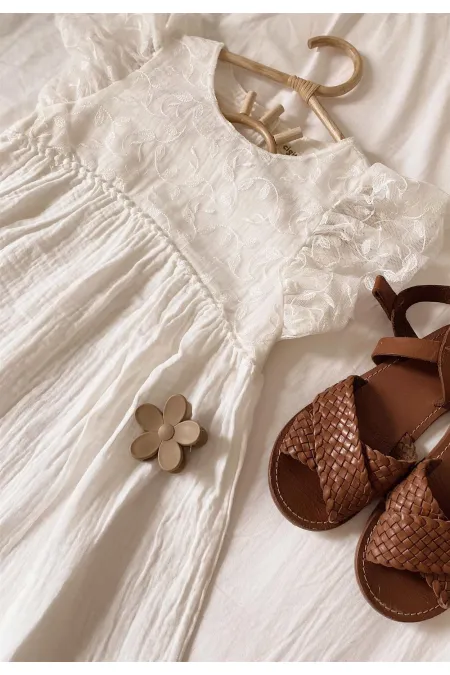 Robe en mousseline à motif de feuilles et bordure en tulle, 2-8 ans, écru