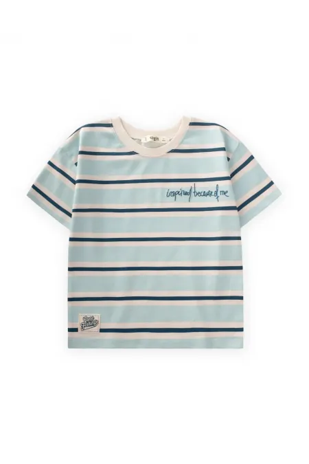 T-shirt à larges rayures brodées pour enfants de 2 à 10 ans, rayures turquoise et bleu marine