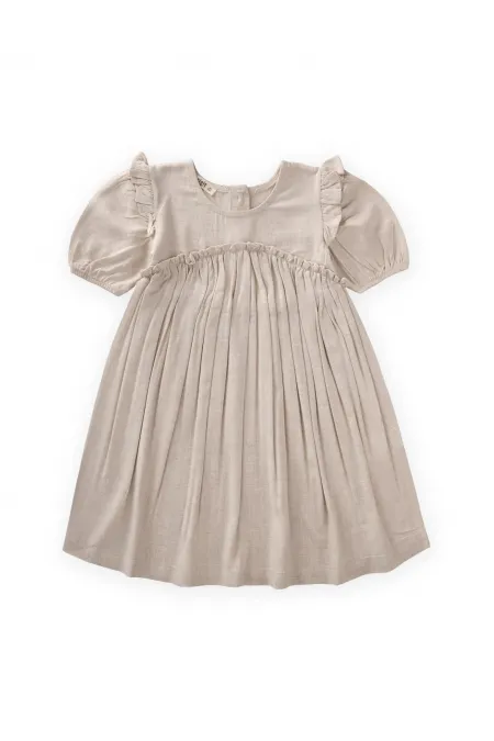 Robe en popeline à volants et plis pour enfants de 2 à 7 ans, couleur naturelle
