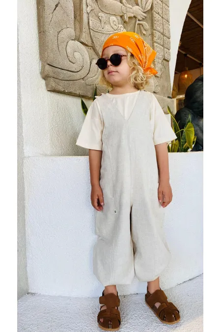 Salopette en lin à col V élastiqué, couleur naturelle, 2-7 ans