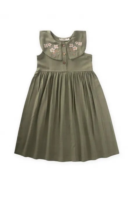 Robe en lin à col brodé pour enfants de 2 à 7 ans, kaki vert