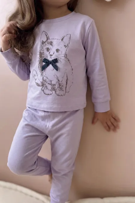 Ensemble pyjama à imprimé chat pour enfants de 2 à 8 ans, lilas