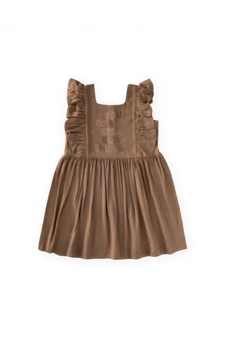 Square Neck Linen Dress with Rhinestone Embellishment, Ages 2-7, Caramel