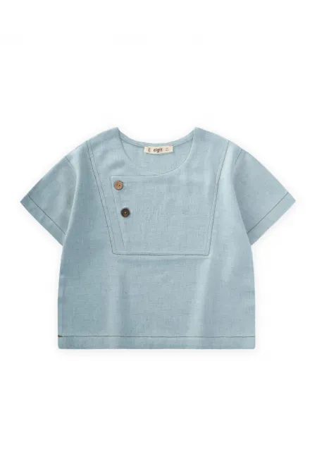 Contrast Stitched Linen Blouse 2-7 Years Old Blue