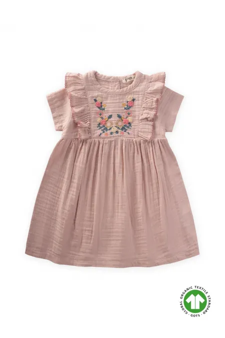 Robe ethnique brodée en coton biologique, 1 à 7 ans, rose poudré
