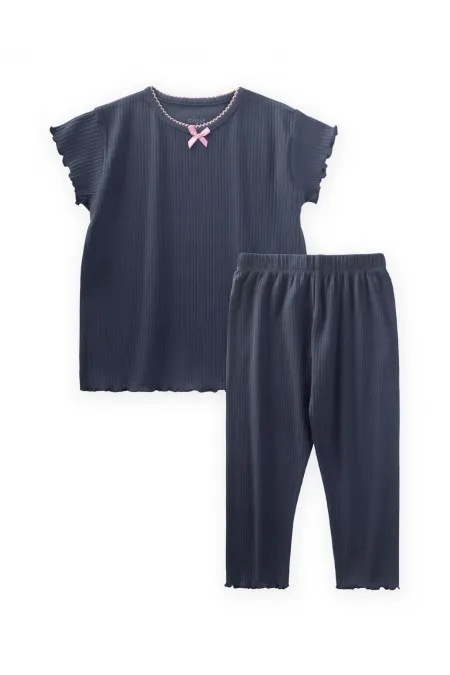 Fiyonklu Yakası İşlemeli Pijama Takım 2-10 Yaş Lacivert