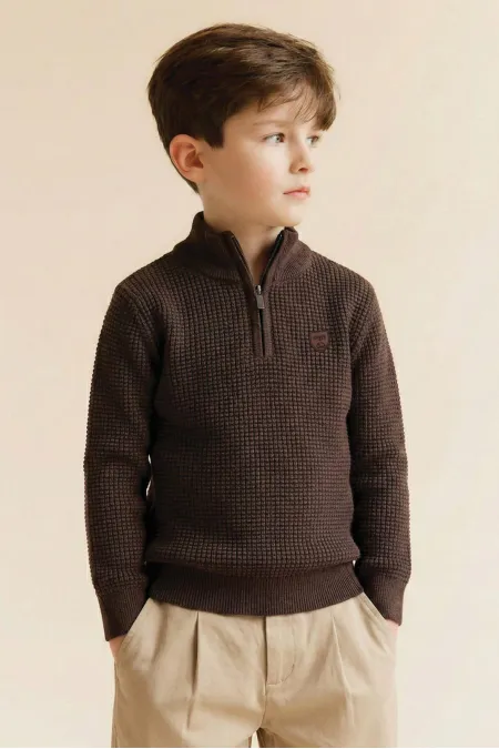 Pull Selanik Knitwear à fermeture éclair, marron, 2-11 ans