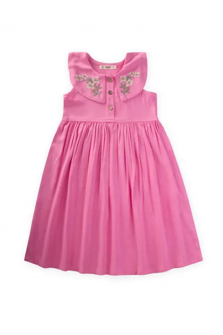 Robe en lin rose à col brodé pour enfants de 2 à 7 ans