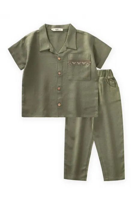 Embroidered Pocket Shirt Trousers Linen Suit for 2-7 Years Old Khaki Green