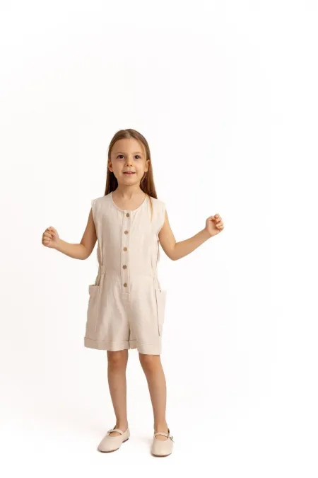 Yanları Cepli Kısa Boy Keten Tulum 2-7 Yaş Naturel