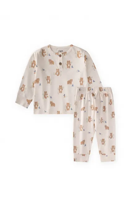 Animal Desenli Pijama Takım 1-5 Yaş Ekru