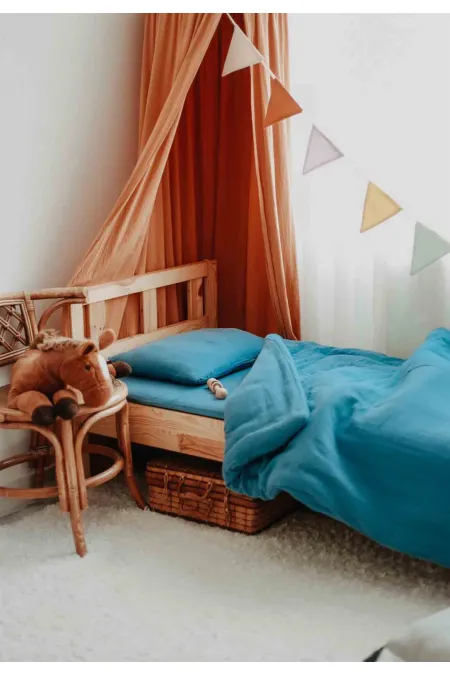 Parure de lit en mousseline avec pochette 100 x 135 cm +/- 3 cm, drap 120 x 150 cm, taie d'oreiller 35 x 45 cm, bleu indigo