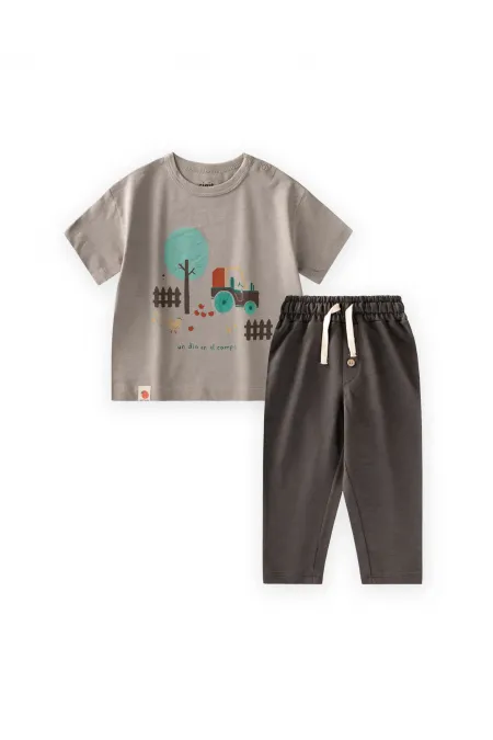 Çiftlik Baskılı T-Shırt Takım1-5 Yaş Vizon