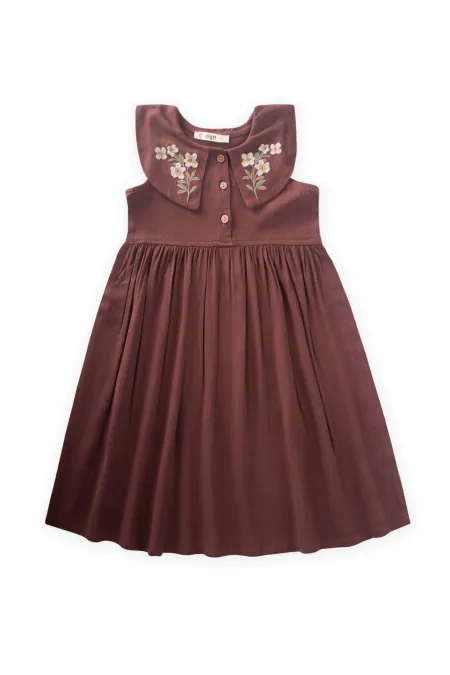 Robe en lin à col brodé pour enfants de 2 à 7 ans, couleur prune