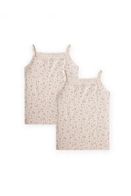 İkili İp Askılı Kız Atlet 2-11 Yaş Ekru Lila Çiçek Desen