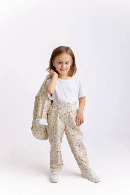 Çiçekli Gabardin Pantolon 2-7 Yaş Ekru Çiçekli