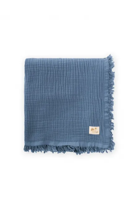 Dört Kat Püsküllü Battaniye 80X120 Cm İndigo Mavi