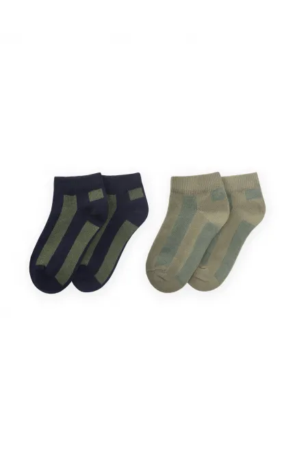 Double Striped Ankle Socks, Ages 5-12, Navy Blue - Light Green