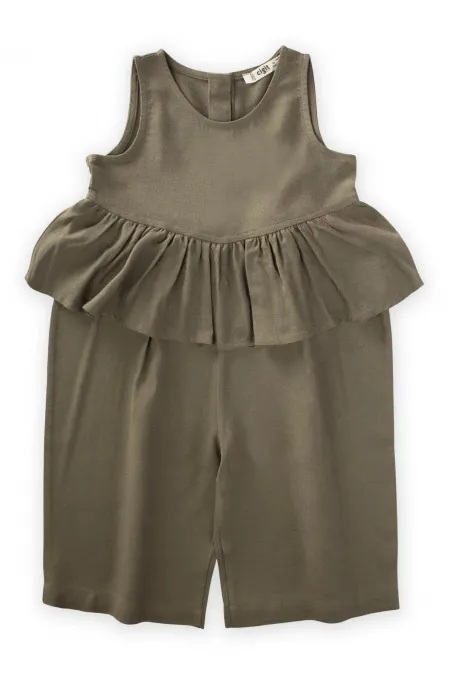 Combinaison en lin kaki vert avec taille à volants pour enfants de 2 à 7 ans