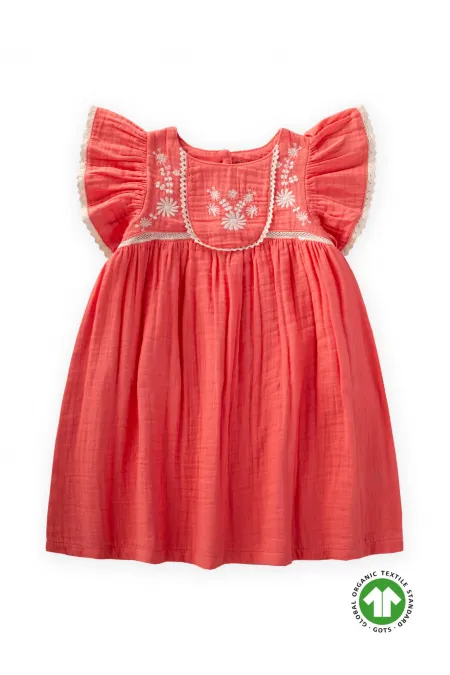 Robe en mousseline de coton bio brodée pour fille (2-10 ans), couleur corail