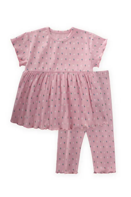 Patterned Corduroy Tunic Set for 1-8 Years Old Pink