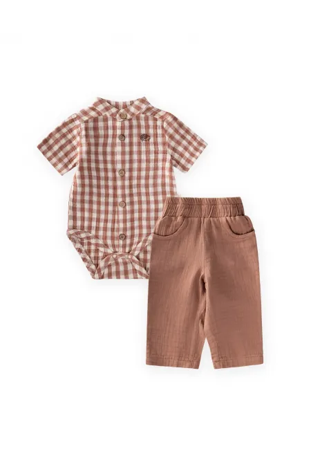Ensemble chemise et body 0-3 ans, motif à carreaux café