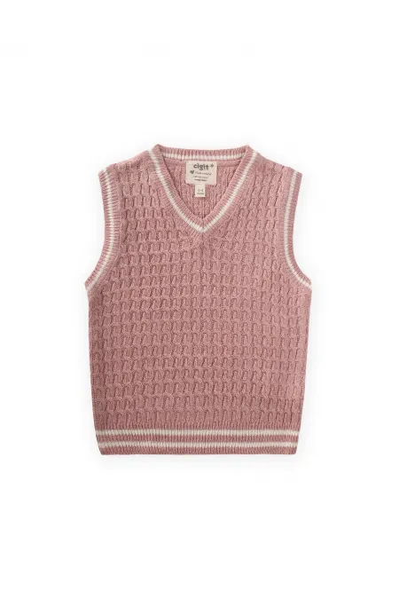 Saş Örgü Triko Süeter 3-9 Yaş Pudra Pembe