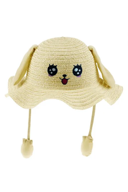 Chapeau de paille brodé avec oreilles, beige