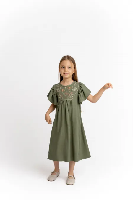 Robe en lin brodée kaki vert pour enfant de 2 à 7 ans