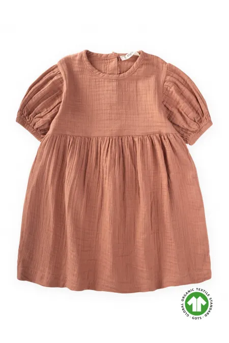 Organic Balon Kollu Müslin Elbise 2-10 Yaş Açık Kahve