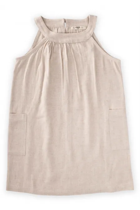 Robe en lin à col bracelet et poches latérales pour enfants de 2 à 7 ans, couleur naturelle