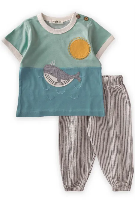 Balina Nakışlı Müslin Şalvarlı Takım 1-5 Yaş Mint Yeşili