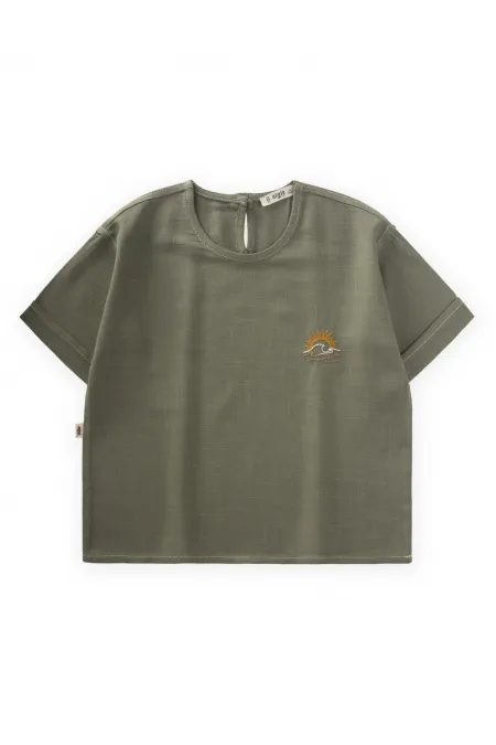 Sun Embroidered Linen Blouse for 2-7 Years Old Khaki Green