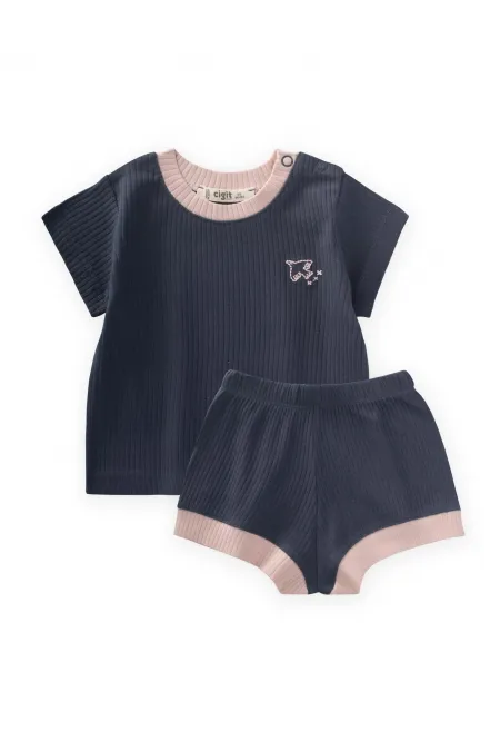 Bird Embroidered Garnished Corduroy Suit 0-5 Years Old Navy Blue