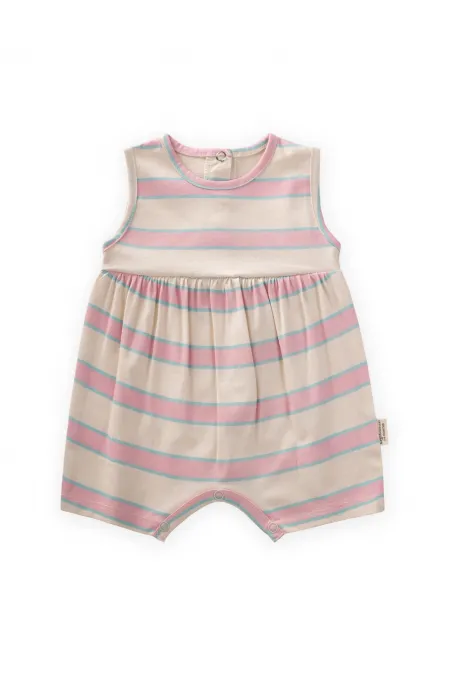 Geniş Çizgili Tulum 0-3 Yaş Pembe Mavi Çizgili