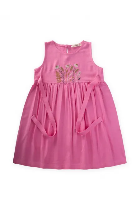 Robe en lin rose brodée à nouer sur le côté, pour enfants de 2 à 7 ans